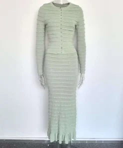 Alternative view of In Stock Lady Fine Workmanship Hot Drilling 2Pcs O-neck Single-breasted Cardigan Mermaid Long Skirt Women Solid Knit Twin Sets