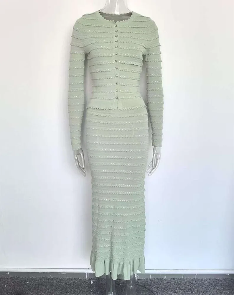 In Stock Lady Fine Workmanship Hot Drilling 2Pcs O-neck Single-breasted Cardigan Mermaid Long Skirt Women Solid Knit Twin Sets - Image 2