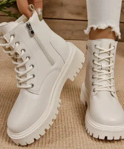 Winter Warm Short Plush Ankle Boots Women Fashion Zip Lace Up Platform Combat Boots Woman Comfy Low Heels Pu Leather Botas Mujer - Image 3