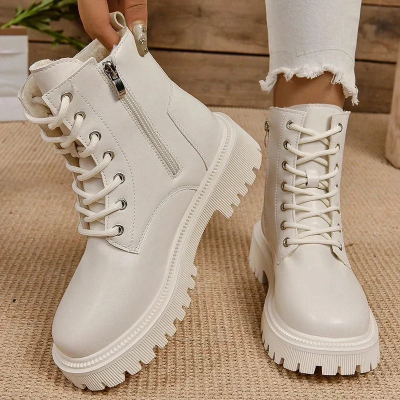 Winter Warm Short Plush Ankle Boots Women Fashion Zip Lace Up Platform Combat Boots Woman Comfy Low Heels Pu Leather Botas Mujer - Image 3