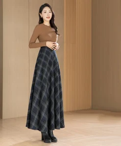 Plaid Wool Midi Skirt for Women - High Waisted A-Line Pleated Skirt, Fall/Winter Fashionable Casual Wear - Image 5