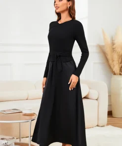 VEITCHE 2025 Fashion Women Long Dress Suit Cotton V-Neck knitted Top with Belt + Satin Solid Color Strap Long Skirt - Image 4
