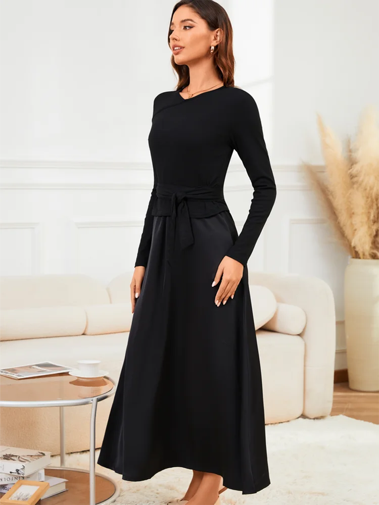 VEITCHE 2025 Fashion Women Long Dress Suit Cotton V-Neck knitted Top with Belt + Satin Solid Color Strap Long Skirt - Image 4