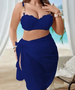 VigoJany 2025 Solid 3 Piece Mesh Skirt Plus Size Bikini Set Women Strapped Push Up Big Swimsuit High Waist Chubby Bathing Suit - Image 3