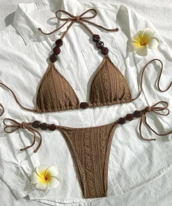 Wrinkled Halter Strappy Bikini Women Swimwear Female Swimsuit Two-pieces Bikini Set High Cut Bather Bathing Suit Swim Beachwear