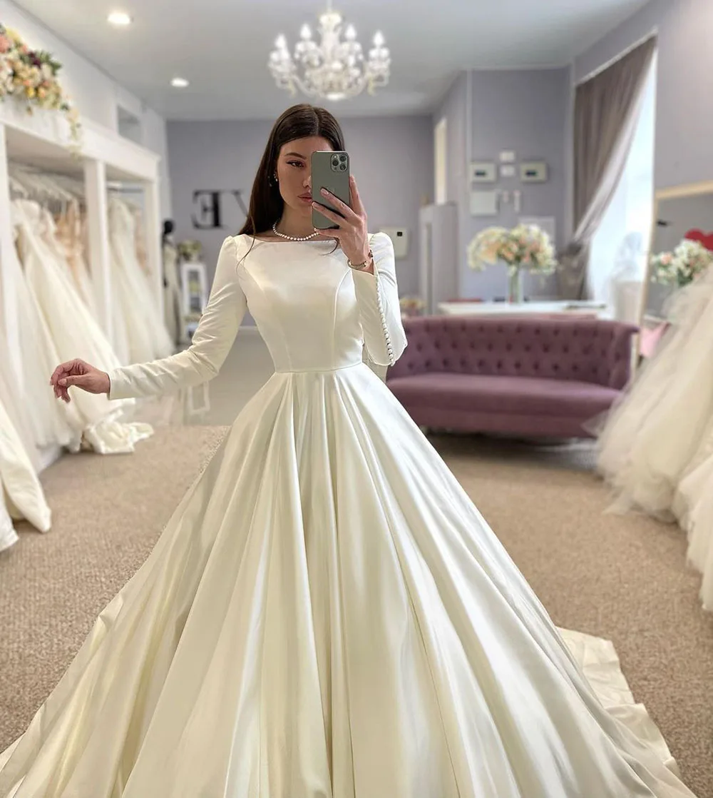 SoDigne Conservative Wedding dress Satin Wedding Dresses Full Sleeve Muslim Bridal Gown Modest Long Wedding Gown Customized - Image 3