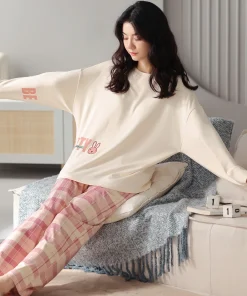 100% Cotton Sleepwear, Women's Autumn and Winter Long-Sleeved Pants, Cute Cartoon Pure Cotton Plus Size Women's Home Suit Set - Image 4
