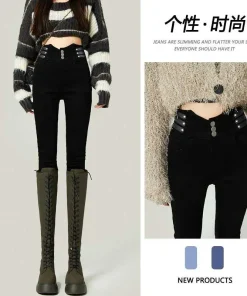 High Waisted Plush Lined Jeans for Women Tight Stretch Denim Pencil Pants Autumn Winter 2025 New Slimming Style - Image 6