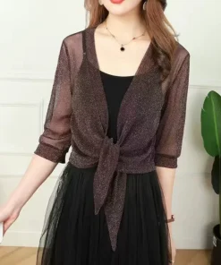 Summer Cardigan Ladies Sexy Thin Sunscreen Short Jacket ling Dress Thin Short Coat Short Type Shawl Sunscreen Jacket Cardigan - Image 5
