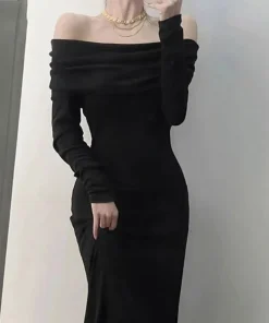 Elegant Off Shoulder Maxi Dress Bodycon Sweater Dress Solid Color Long Sleeve Knitted Party Dresses - Image 4