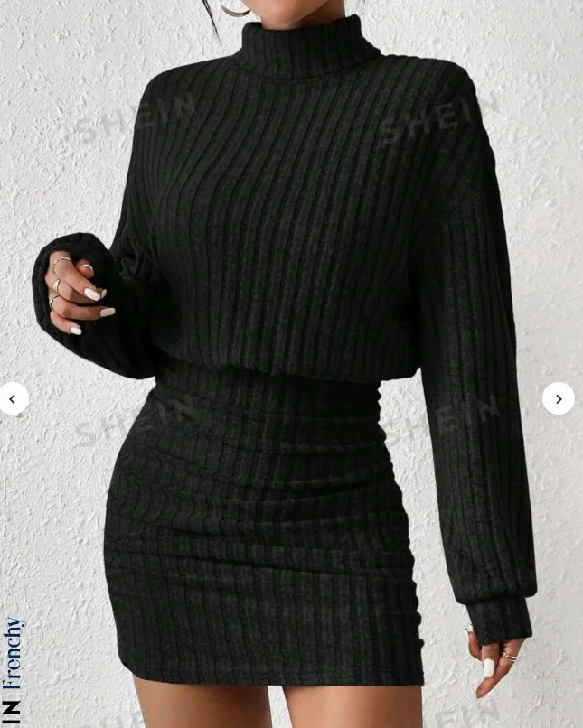 Women's Autumn Winter Fashion High Neck Knitted Sweater Dress Female Casual Solid Loose Long Sleeve Warm Mid Length Dresses - Image 5