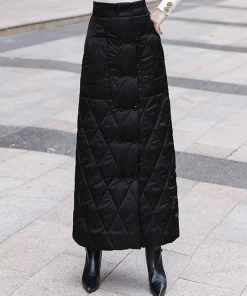Black Thicken One Piece Of Down Cotton Maxi Skirt 2023 Winter Double Breasted Warm Saias Longas For Women - Image 3