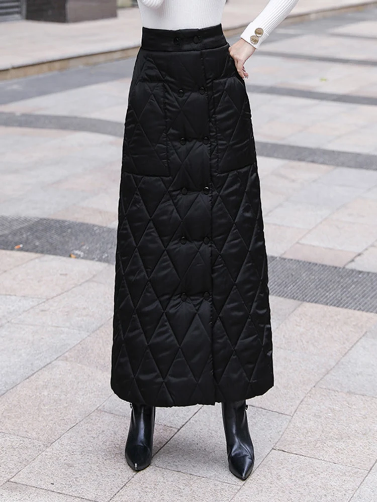 Black Thicken One Piece Of Down Cotton Maxi Skirt 2023 Winter Double Breasted Warm Saias Longas For Women - Image 3