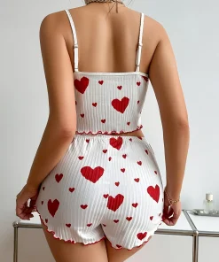 Women's Heart Print Pajama Set 2PCS Soft Ribbed Tank Top and Shorts Lightweight Sleepwear Loungewear S M L - Image 4