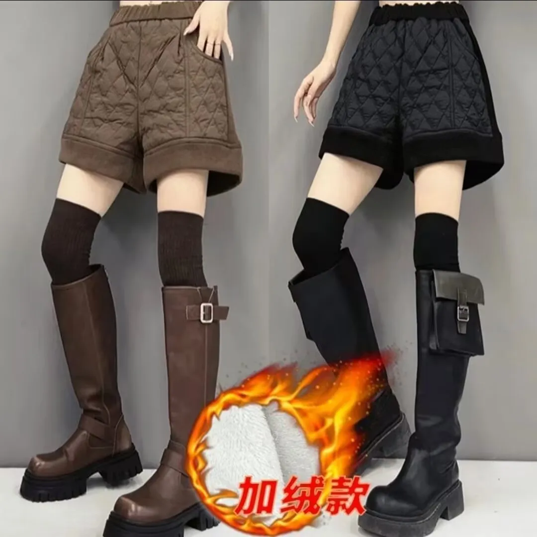 Women's High Waist Wide Leg Pants Cotton Padded Fleece Warm Shorts Casual Ladies Boots Black, Autumn, Winter, New 2026