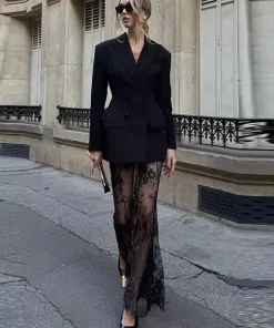 2025 Elegant Blazer Skirt Sets Women Two Piece Double Breasted Jacket Lace See Through Trousers Suits New Party Gown Set - Image 4