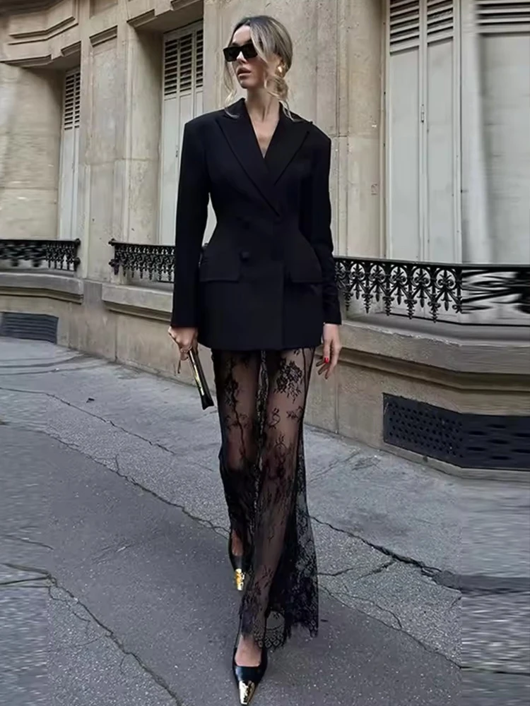2025 Elegant Blazer Skirt Sets Women Two Piece Double Breasted Jacket Lace See Through Trousers Suits New Party Gown Set - Image 4