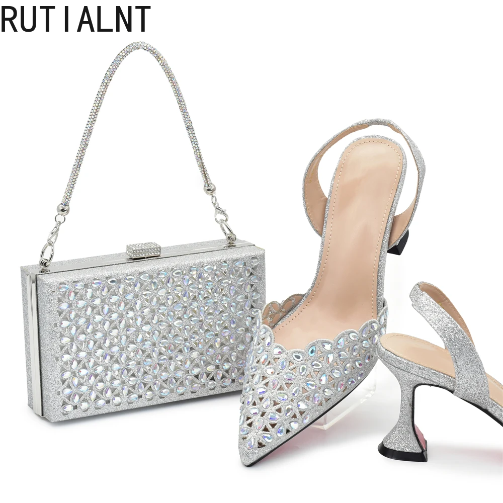 Silver Color Shoes and Bag for Party Wedding Luxery Women Shoe and Bag Set for Nigeria Party Italy Elegant Woman Heeled Pumps - Image 2