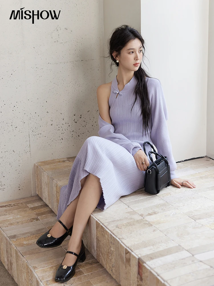MISHOW Knit Dress Set Women Slim New Chinese Knit Long Dress 2024 Fall New Gentle Elegant Knit Long Sleeve Cardigan MXD48T0436 - Image 3