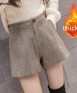 Thicker Houndstooth Shorts Women Autumn Winter New Warm High Waist A-line Vintage Baggy Bottom Korean Fashion Streetwear Chic
