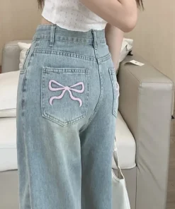 2025 Autumn Winter Bow Embroidery Design Sweet Korean Style High Waist Loose Fit Straight Leg Jeans
