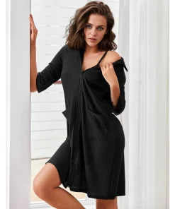 Womens Autumn and Winter Robe Three-Quarter Sleeve Zip-Up Short Style Pocket Design Soft and Warm Home Nightgown - Image 4