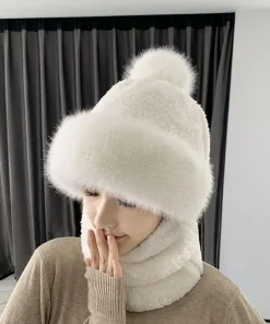 Winter Scarf Set Hooded for Women Plush Neck Warm Russia Outdoor Ski Windproof Hat Thick Plush Fluffy Beanies - Image 6