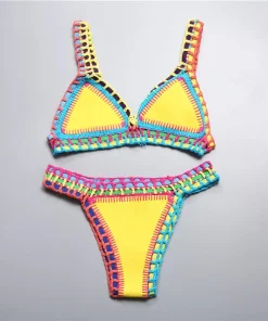 2 Pcs/Set Summer Bikini Set Bathing Suit Bright Color Patchwork Beachwear Handmade Crochet Women Swimsuit for Beach - Image 4