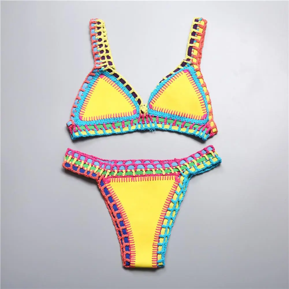 2 Pcs/Set Summer Bikini Set Bathing Suit Bright Color Patchwork Beachwear Handmade Crochet Women Swimsuit for Beach - Image 4