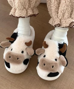 Comwarm Cute Furry Slipper For Women Girls Winter Fashion Milk Cow Fluffy Warm Slippers Woman Cartoon Animal Home Cotton Shoes - Image 5