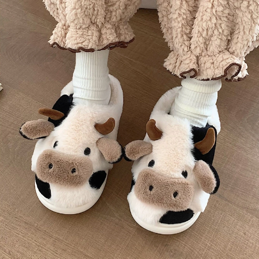 Comwarm Cute Furry Slipper For Women Girls Winter Fashion Milk Cow Fluffy Warm Slippers Woman Cartoon Animal Home Cotton Shoes - Image 5