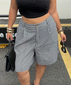 Ladies plus Size Spring Simple Casual Black White Plaid Shorts Wide Leg Pants Trousers for Women - Image 6