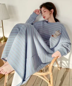 Female Long Sleeve Knit Cotton Nightgown Autumn Winter Thickened Fleece Warm Cartoon Outdoors Women Sleepwear Lady Loungewear - Image 5