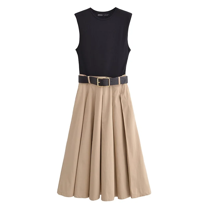 MUJER 2025 Woman Dresses Belt Pleated Midi Dress Women Sleeveless Summer Dress Woman Knitted Party Dresses for Women Sundress - Image 2