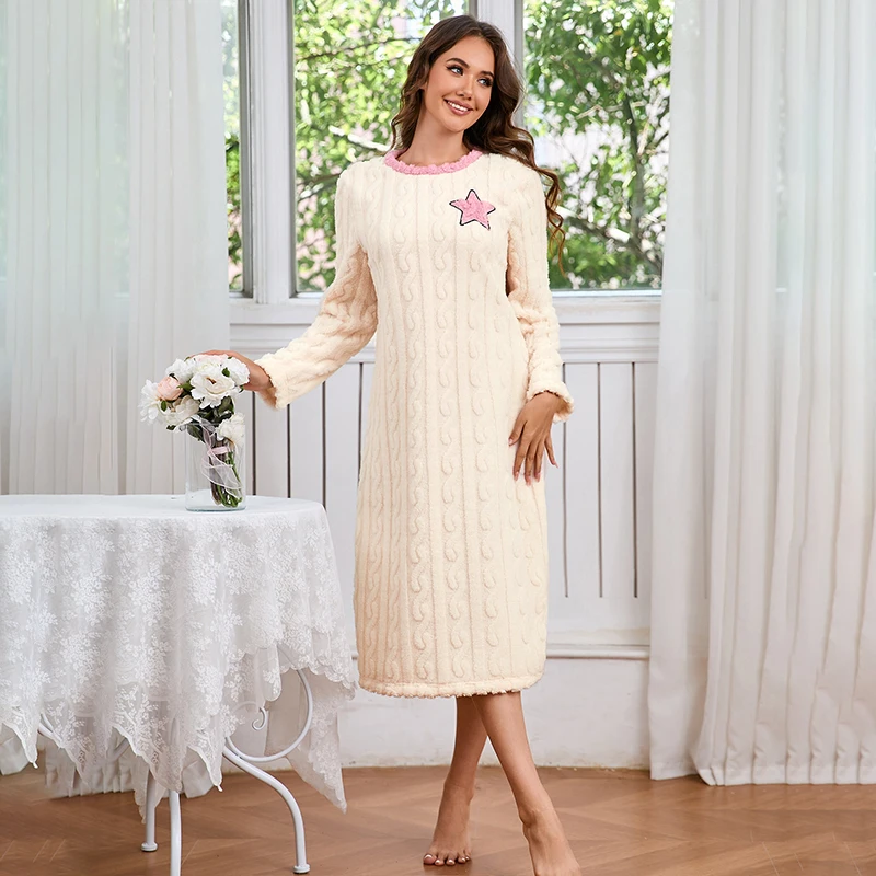 Women's Nightdress Winter Warm Nightgown Thicken Flannel Long Sleeved T-shirt Tops Soft Coral Fleece Pyjama Dress Home Clothing - Image 4