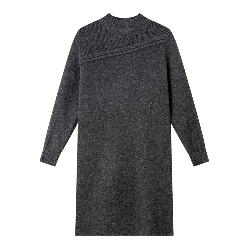 VIMLY Gray Dresses Woman Elegant 2025 Autumn Knitted Mock Neck Paneled Midi Lady Dress Straight Wool Blend Female Dresses 75187 - Image 6