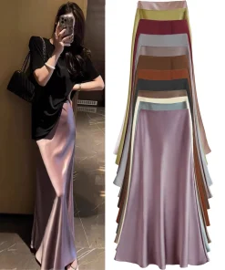 High waisted slimming mid length satin acetate silk smooth half skirt 2024 spring/summer new wrap buttocks fishtail A-line long
