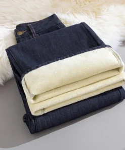 Winter Fleece Lined Jeans for Woman Y2k Pants 2025 Wide Leg Blue Loose Straight Trousers Pear Shape Body Comfort Fashion Trend - Image 3