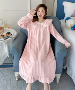 Womens Nightwear Nightdress Flannel Thickened Solid Colour Nightgown Doll Collar Student Warm Coral Velvet Ruffle Dress Robes Se - Image 5