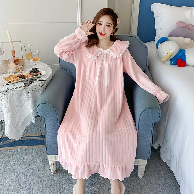 Womens Nightwear Nightdress Flannel Thickened Solid Colour Nightgown Doll Collar Student Warm Coral Velvet Ruffle Dress Robes Se - Image 5