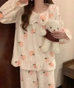 Warm Sleepwear Small Bear Peach Coral Velvet Two-Piece Set Women Pajamas Autumn and Winter Thickening Home Wear School Sleepwear - Image 4