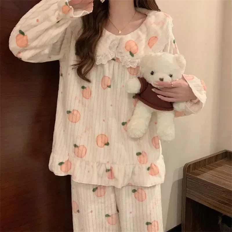 Warm Sleepwear Small Bear Peach Coral Velvet Two-Piece Set Women Pajamas Autumn and Winter Thickening Home Wear School Sleepwear - Image 4