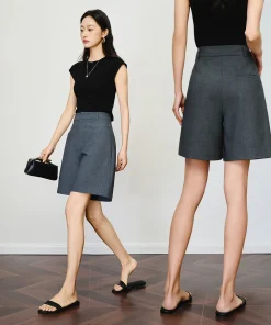 OLrain Grey Trendy Shorts 2025 Summer Straight Zip Up Blended Shorts Business Work Shorts Woman Pockets Ladies Pants O57XK99322 - Image 3