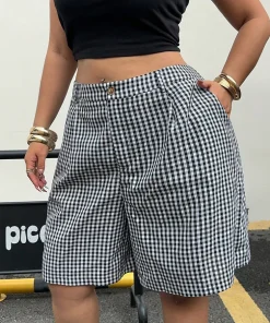 Ladies plus Size Spring Simple Casual Black White Plaid Shorts Wide Leg Pants Trousers for Women - Image 5