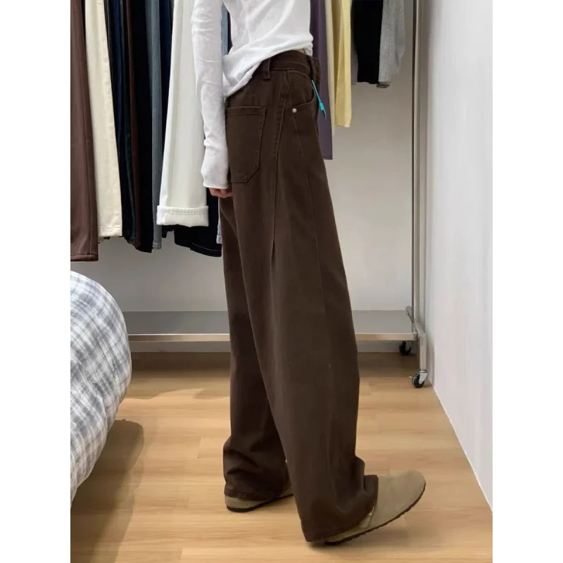 Maillard Brown Straight Leg Jeans for Women 2025 Autumn Winter Loose Fit Pear Shape Curved Wide Leg Pants - Image 3