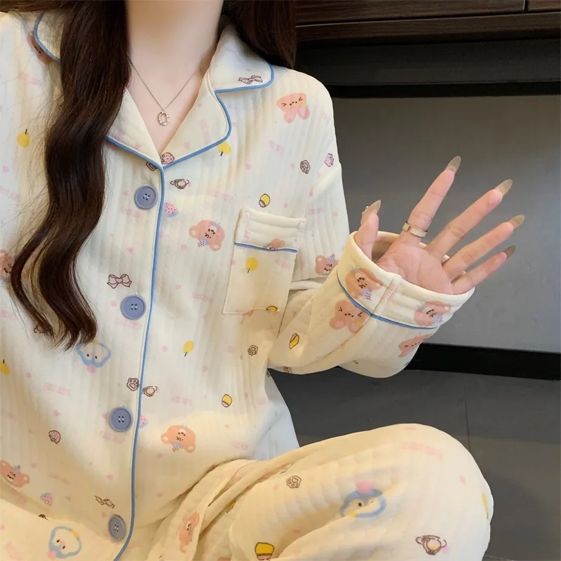 Two-Piece Set Ladies Pajamas Set Long-Sleeved Cartoon Sweet Cute Print Cardigan Home Wear Simple Sleepwear Winter Autumn New - Image 2