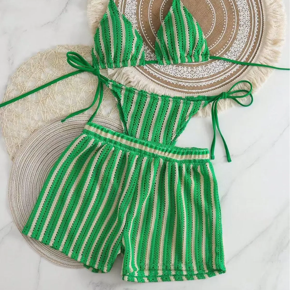 2026 new style boxer shorts mesh three-piece women's swimsuit neck lace-up bikini set - Image 2