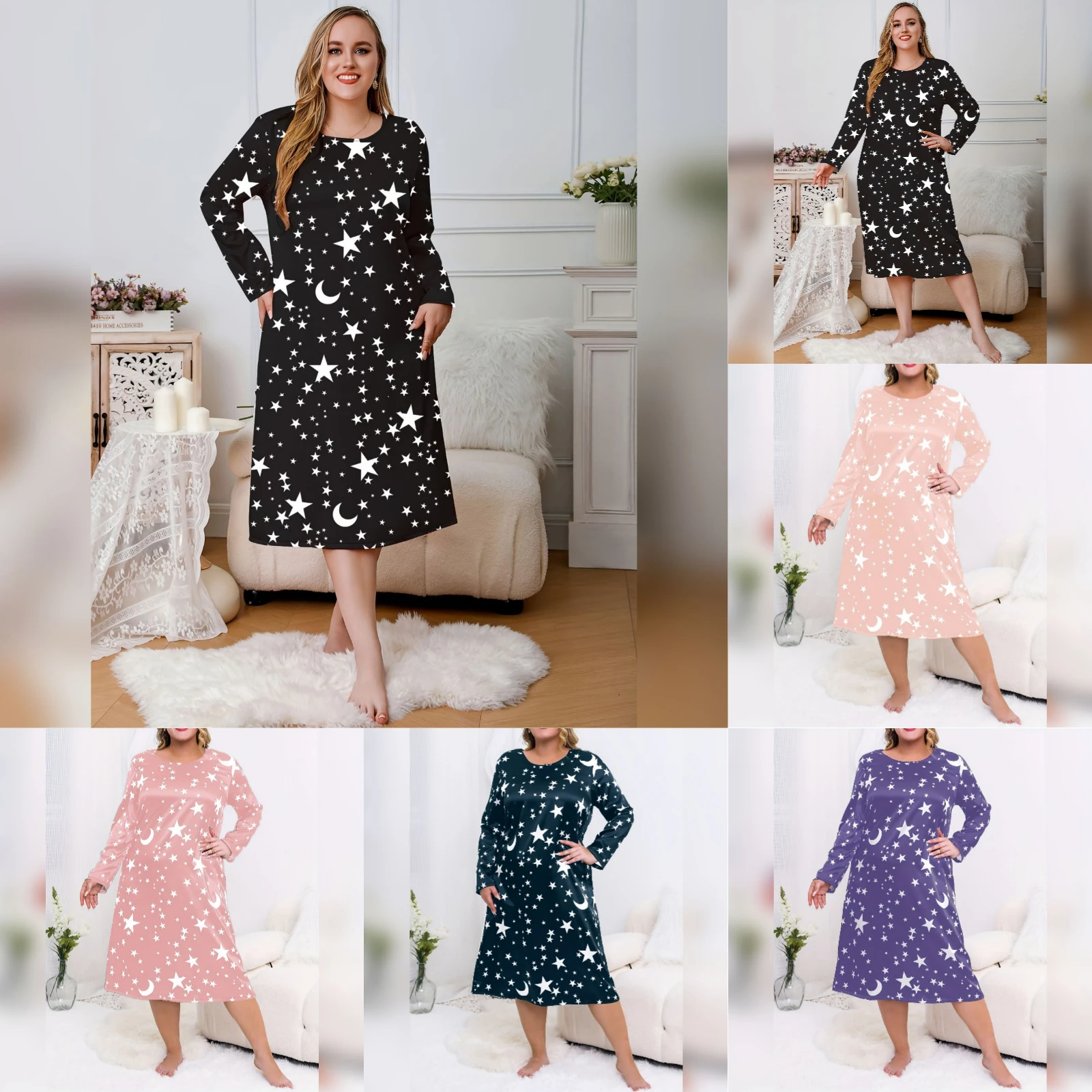 Plus Size Women's Nightgown - Casual Comfortable Loungewear Sleep Dress Long Sleeve Loose Nightdress Fashionable Printed Pajamas - Image 2