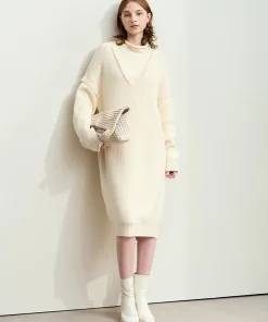 AMII Minimalist Womens Dresses 2025 Winter New Commuter Half Turtleneck Woman Clothing Solid Loose Knitted Midi Dress 12444229 - Image 5