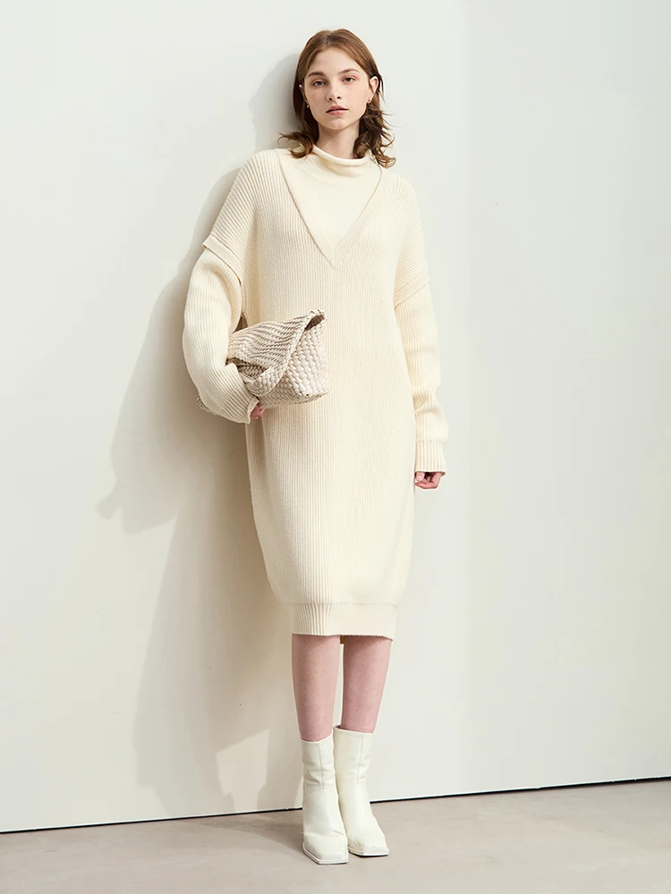 AMII Minimalist Womens Dresses 2025 Winter New Commuter Half Turtleneck Woman Clothing Solid Loose Knitted Midi Dress 12444229 - Image 5